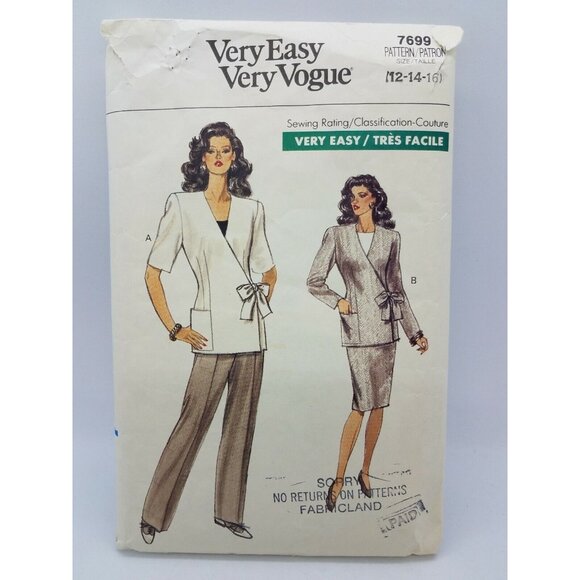 Vintage Vogue 7699 Very Easy Skirt Pants Jacket Wrap Size 12-16 CUT - Picture 1 of 3
